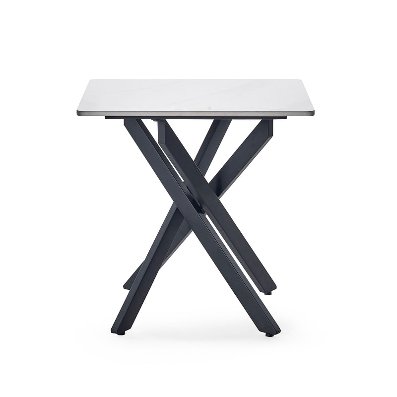 Small table with a white top and dark blue metal legs on a white background