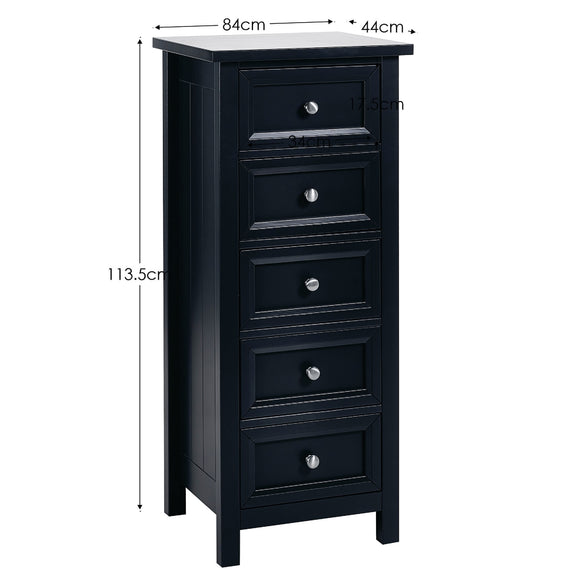 Black dresser with dimensions labeled on a white background