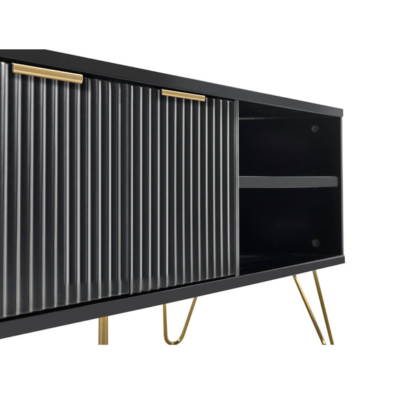 Black entertainment console with gold accents on a white background