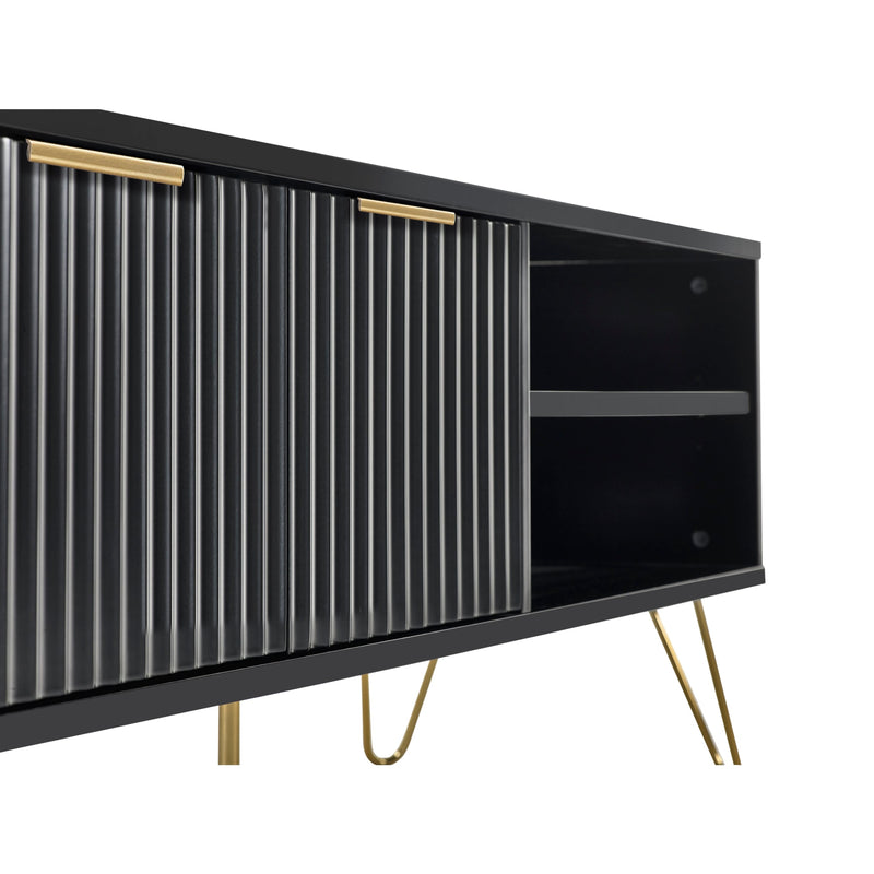 Black entertainment console with gold accents on a white background