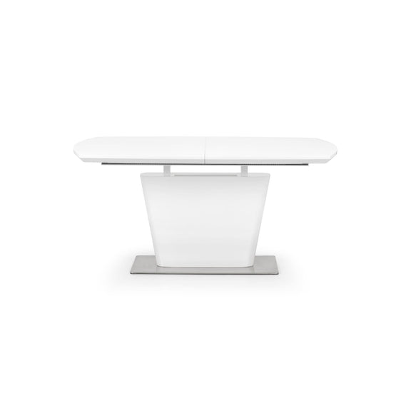 White dining table with a modern design on a white background