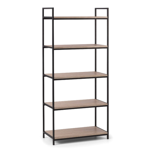 Bookshelf with five wooden shelves and black metal frame on a white background
