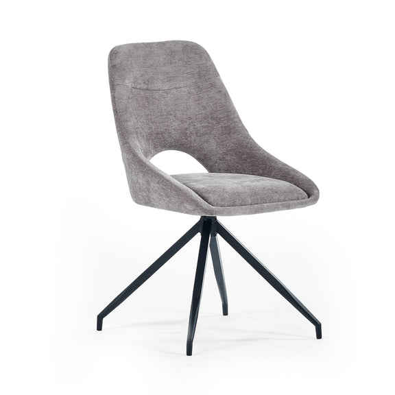 Gray upholstered chair with black metal legs on a white background