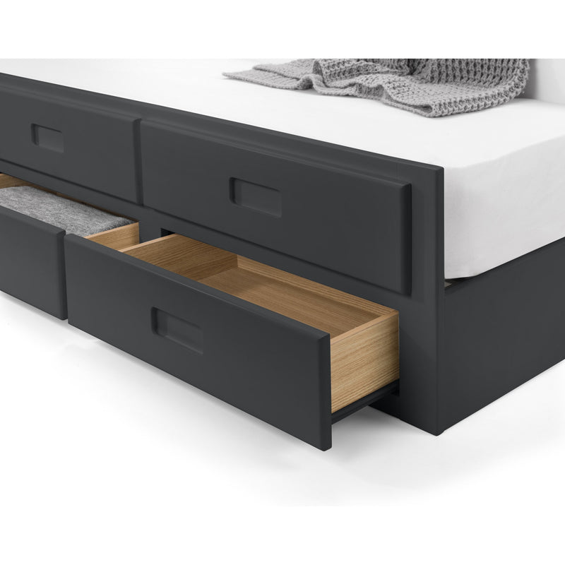 Black bed frame with open drawers and white mattress on a white background