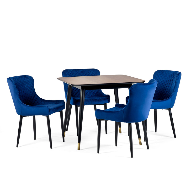 Dining set with a square table and four blue chairs on a white background