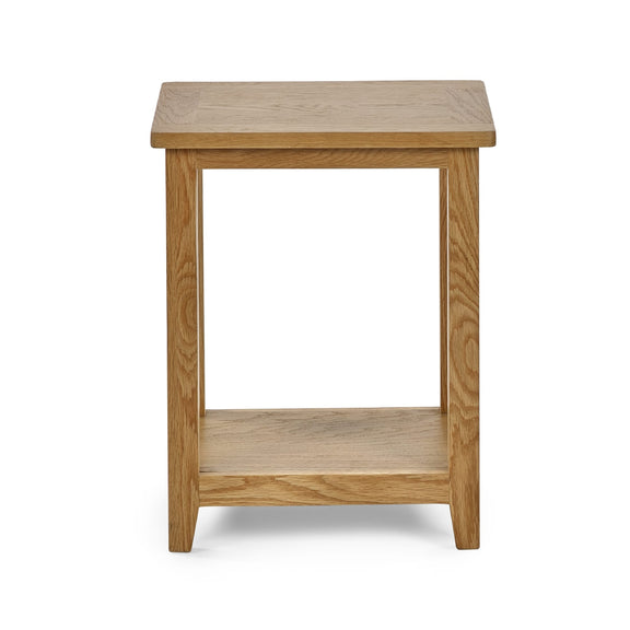 Wooden side table with a shelf on a white background