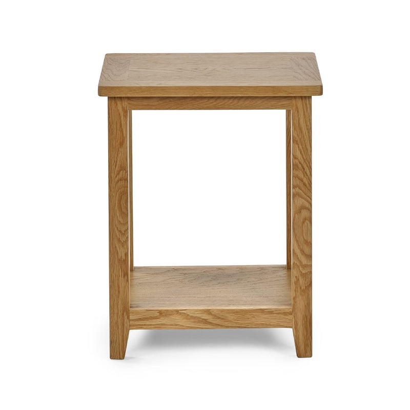 Wooden side table with a shelf on a white background