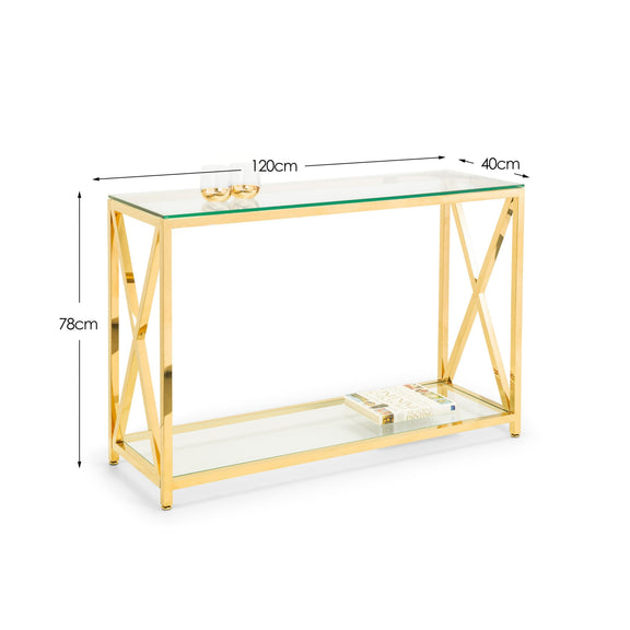 Gold console table with glass top and shelves, shown with dimensions on a white background.