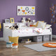Children's bedroom with a bed, toys, and decorative elements on a purple wall.