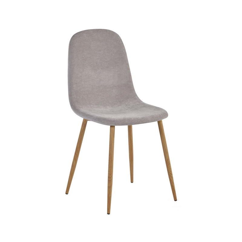 Gray upholstered chair with wooden legs on a white background
