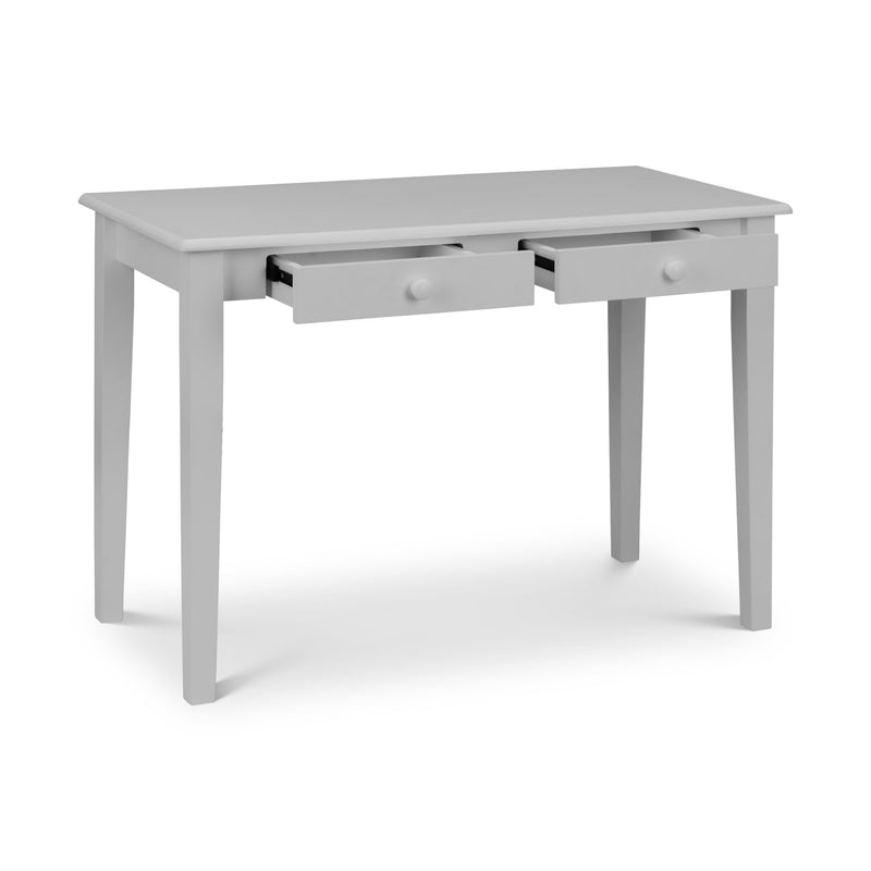 Gray desk with two drawers on a white background
