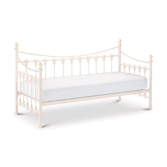 White metal bed frame with mattress on a white background