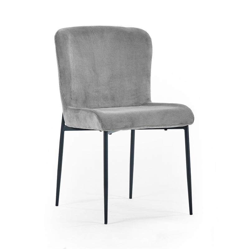 Gray upholstered chair with black legs on a white background
