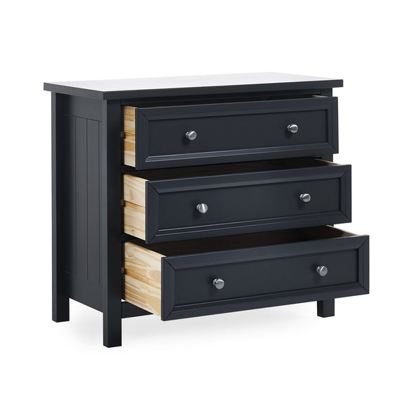 Black three-drawer chest with wooden interior on a white background