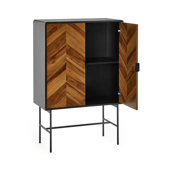 Cabinet with wooden chevron pattern doors on a white background