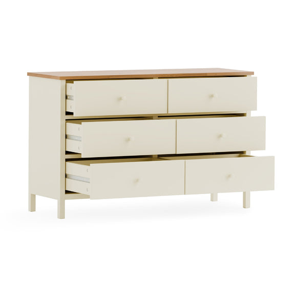 White dresser with wooden top on a white background