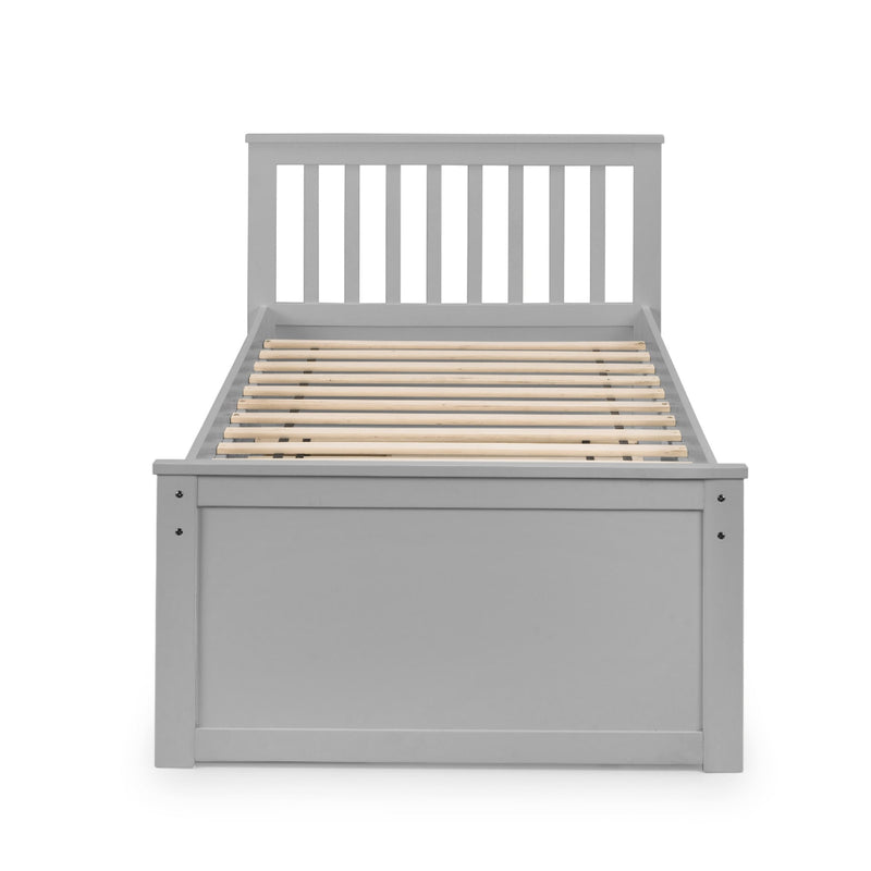 Gray wooden bed frame with slatted headboard on a white background