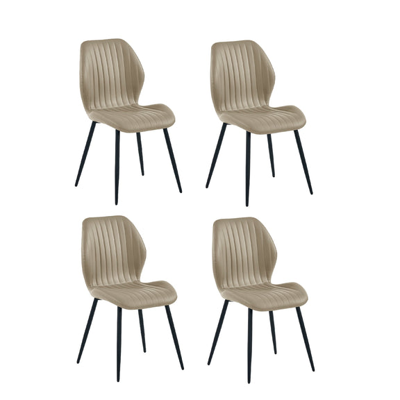 Four beige chairs with black legs on a white background