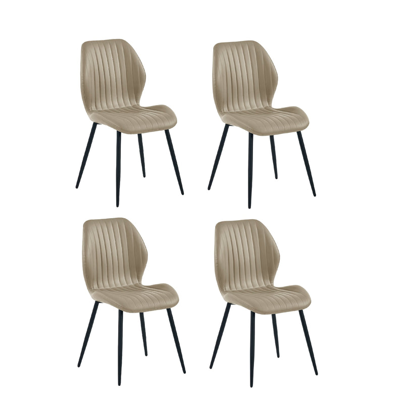 Four beige chairs with black legs on a white background