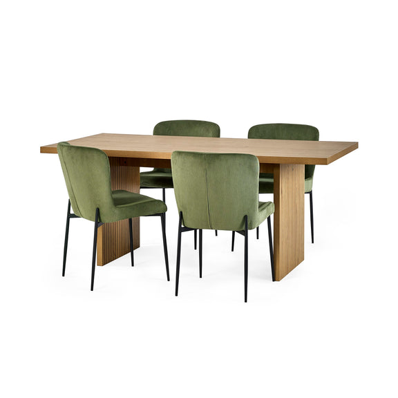Dining table with four green chairs on a white background