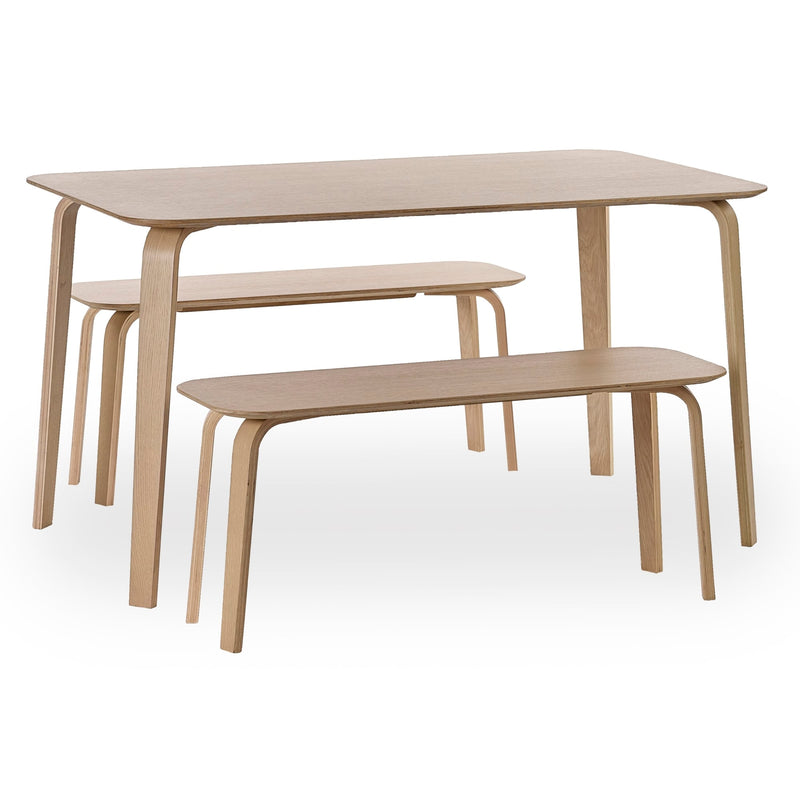 Wooden dining table with two benches on a white background