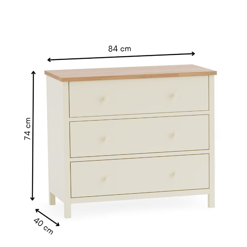 White dresser with dimensions labeled on a white background