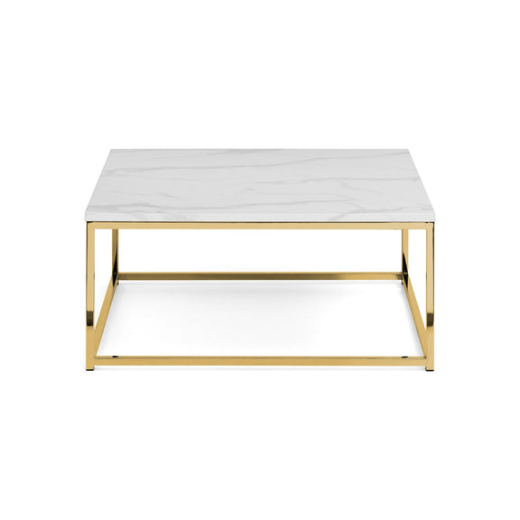 Coffee table with marble top and gold metal frame on a white background