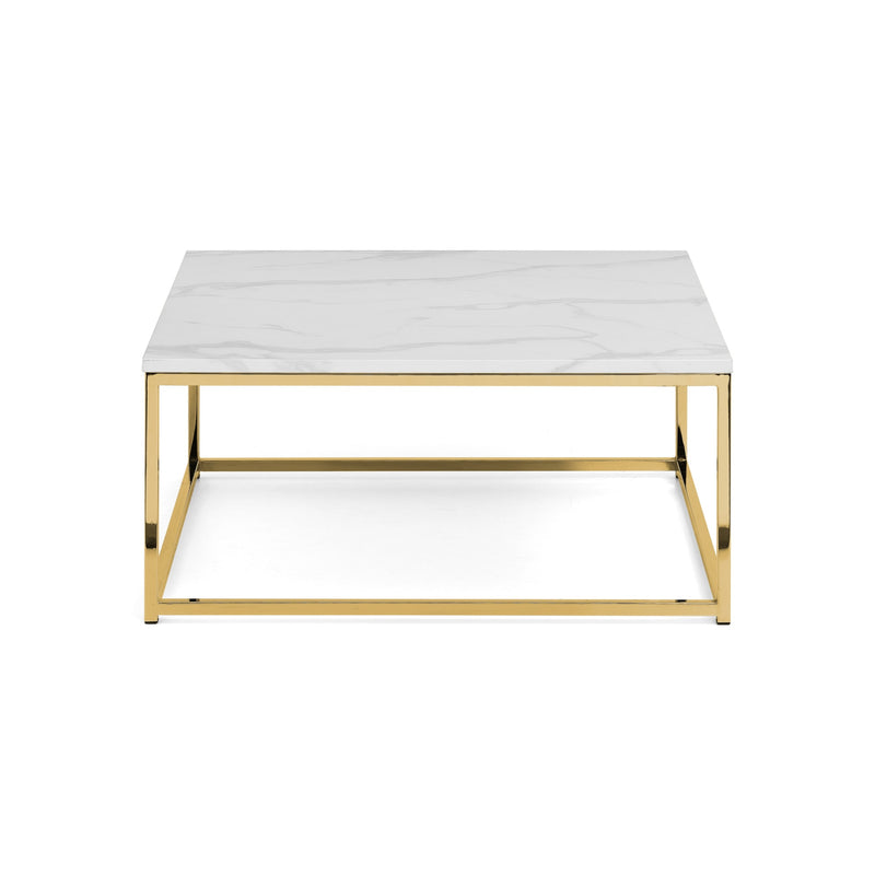 Coffee table with marble top and gold metal frame on a white background