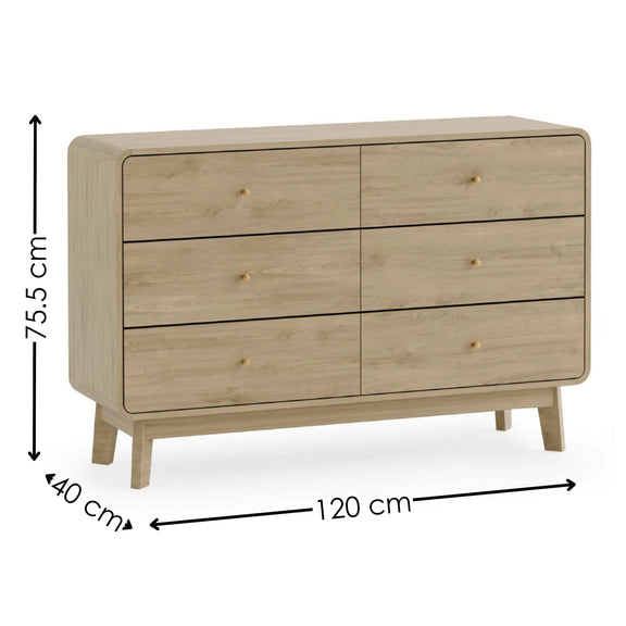 Wooden dresser with dimensions labeled on a white background