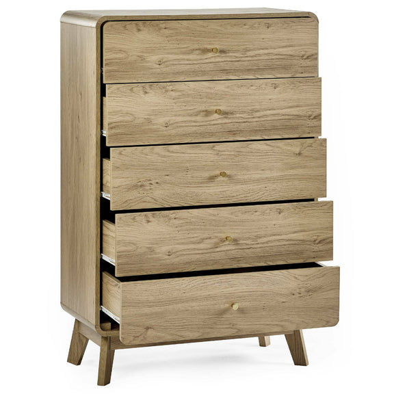 Wooden dresser with four drawers on a white background