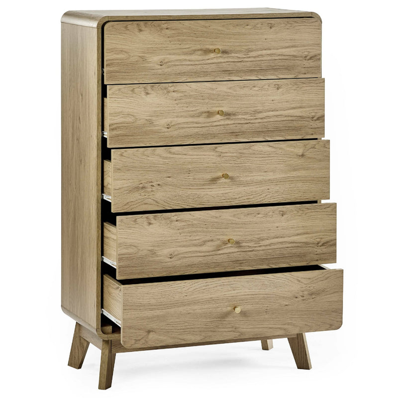 Wooden dresser with four drawers on a white background