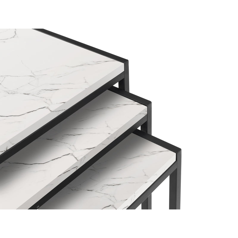 Set of three marble coffee tables with black metal frames on a white background