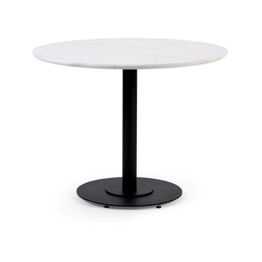 Round white table with a black base on a white background