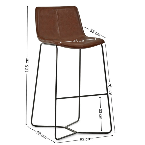 Brown bar stool with dimensions on a white background