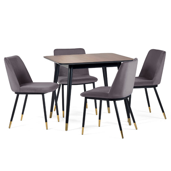 Dining set with a square table and four gray chairs on a white background