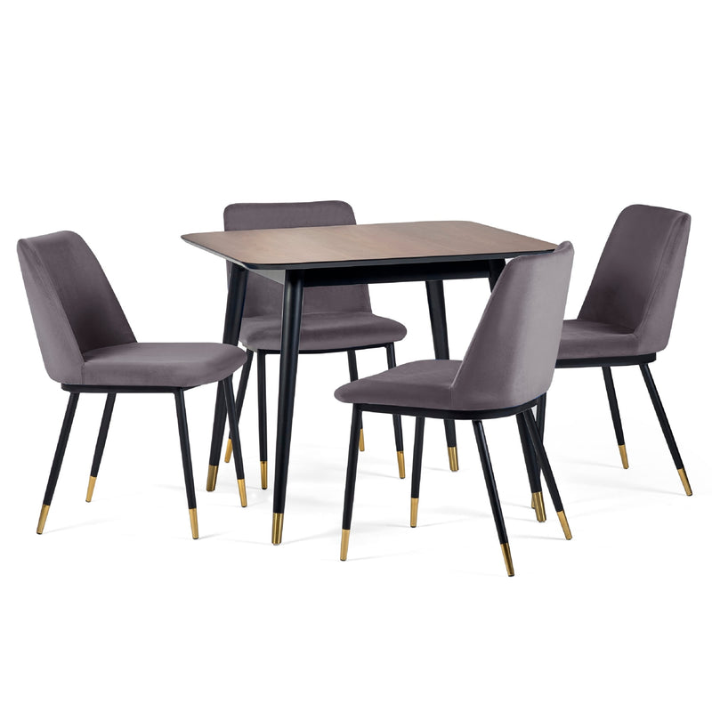 Dining set with a square table and four gray chairs on a white background