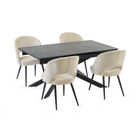 Dining table with four beige chairs on a white background