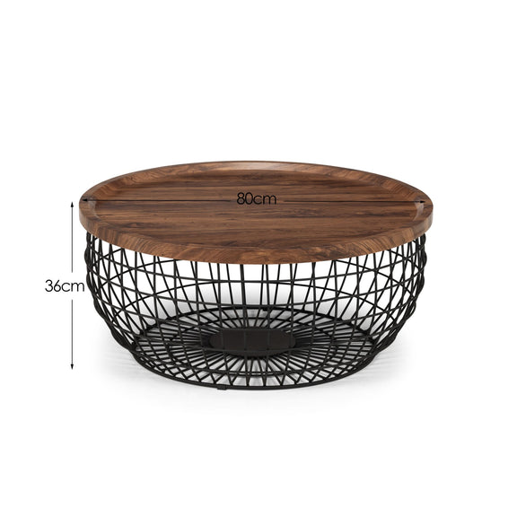 Wooden coffee table with black wire base and dimensions on a white background