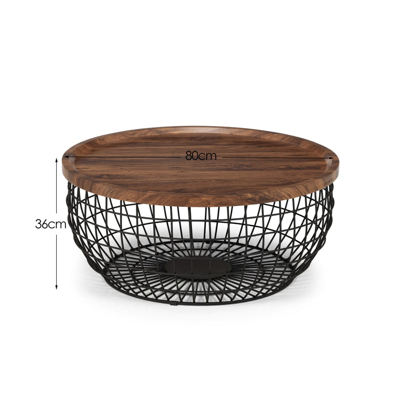Wooden coffee table with black wire base and dimensions on a white background