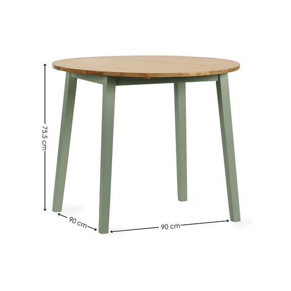 Round wooden table with green legs and dimensions on a white background