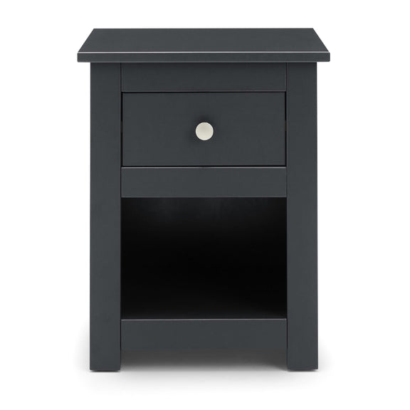 Black nightstand with a drawer on a white background