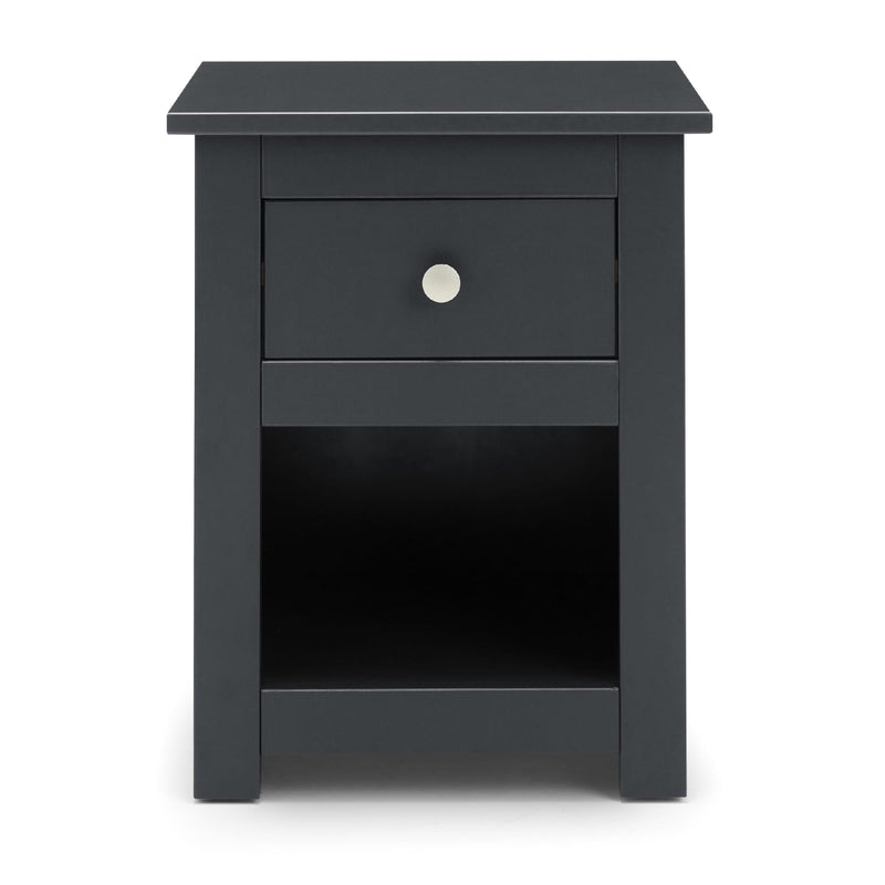 Black nightstand with a drawer on a white background