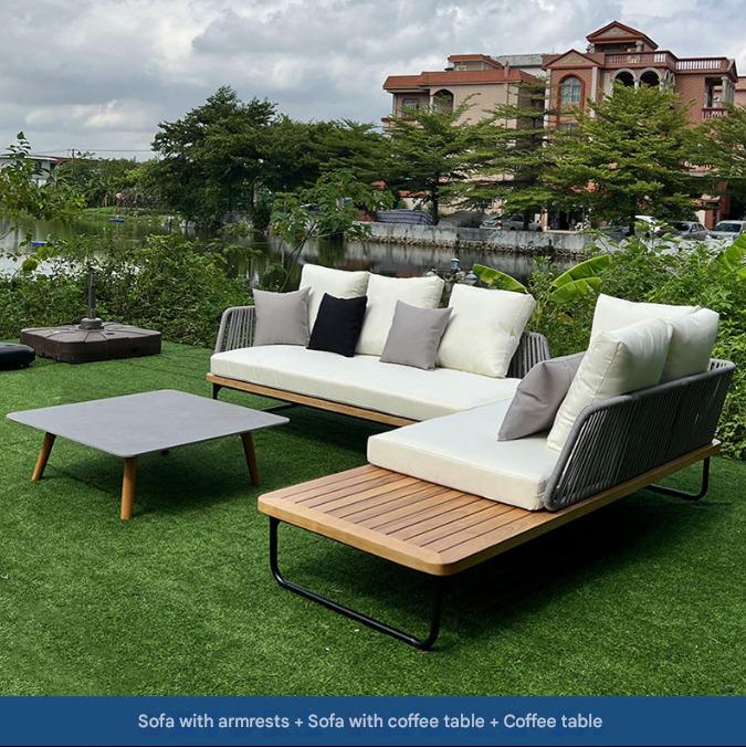 Modern Outdoor Solid Wood Sofa Set – Garden Patio Lounge with Aluminum Frame and Parasol