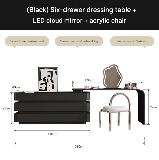 Modern Luxury Black Mirror Dressing Table – Custom Made Bedroom Vanity Set