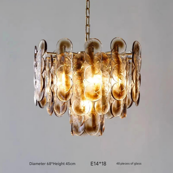 Retro style amber glass pendant chandelier close-up detail