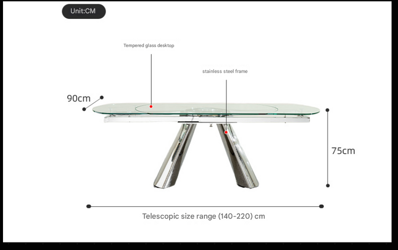 Custom Made Modern Glass Dining Table – Rotating Extendable Design with Stainless Steel Base