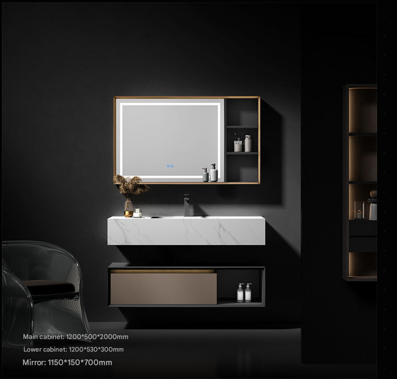 Bathroom vanity with mirror and sink against a dark wall