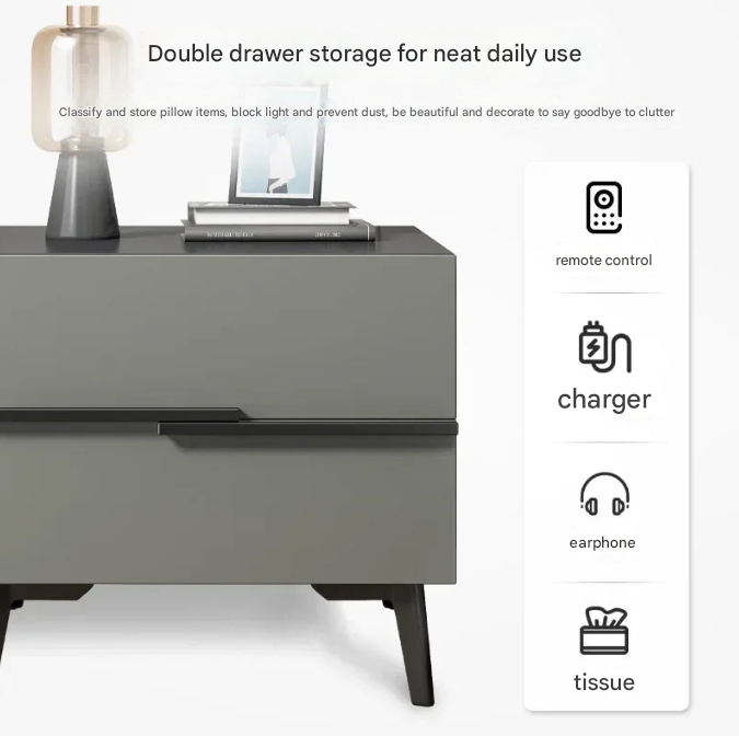 Custom Made Cream Minimalist MDF Bedside Table – Dual-Drawer Nightstand with Horizontal Black Handle