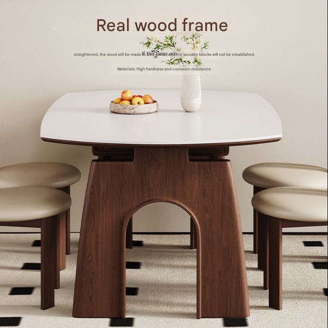 Custom Made Retro Modern Solid Wood Dining Table – Italian Minimalist Rock Plate Top with Designer Chair Options