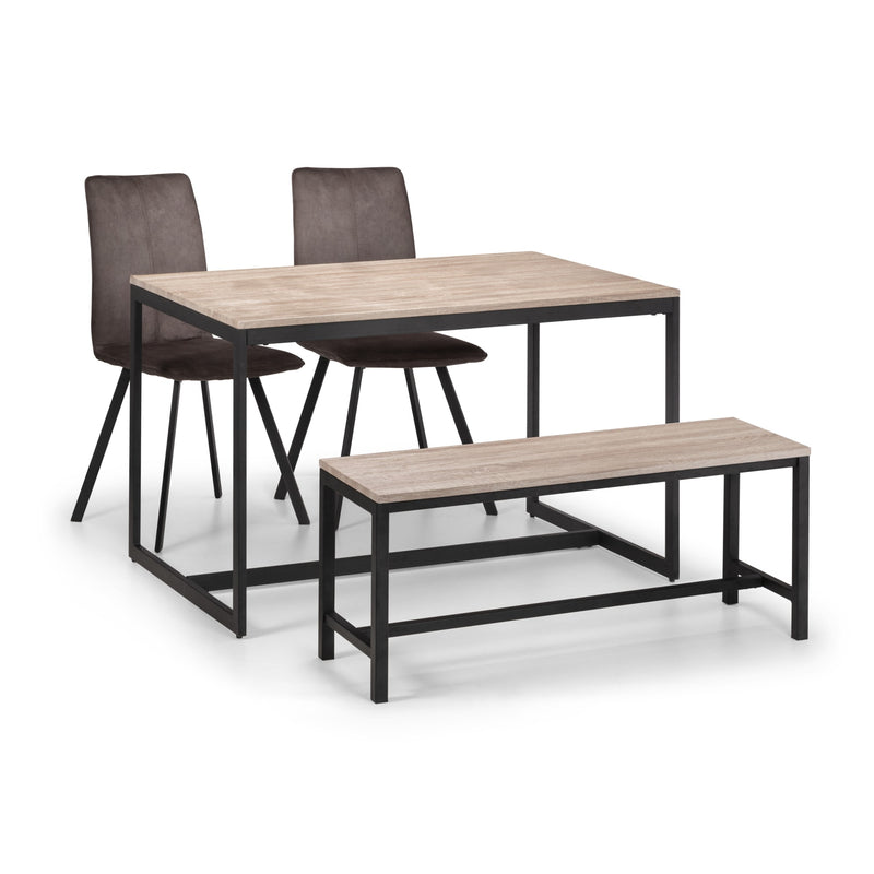 Dining set with table, two chairs, and a bench on a white background